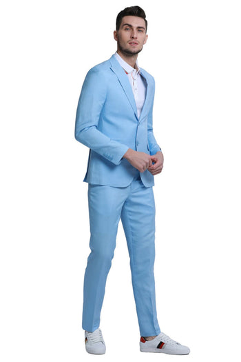 Groomsmen - Men’s Two Button Peak Lapel Summer Linen Style Beach Wedding Suit in Baby Blue - Baby Blue / 36 Short - Suit