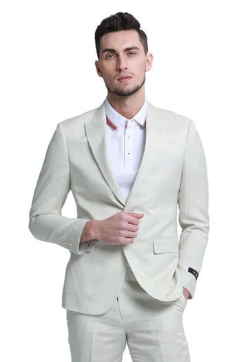Groomsmen - Men’s Two Button Peak Lapel Summer Linen Style Beach Wedding Suit in Ivory Off White - Ivory / 34 Short - Suit