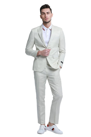 Groomsmen - Men’s Two Button Peak Lapel Summer Linen Style Beach Wedding Suit in Ivory Off White - Ivory / 36 Short - Suit