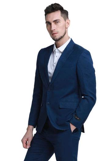 Groomsmen - Men’s Two Button Peak Lapel Summer Linen Style Beach Wedding Suit in Navy Blue - Navy / 34 Short - Suit
