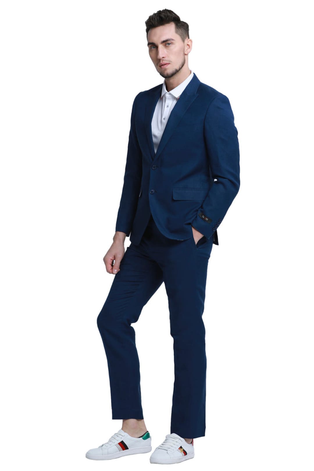 Groomsmen - Men’s Two Button Peak Lapel Summer Linen Style Beach Wedding Suit in Navy Blue - Navy / 36 Short - Suit