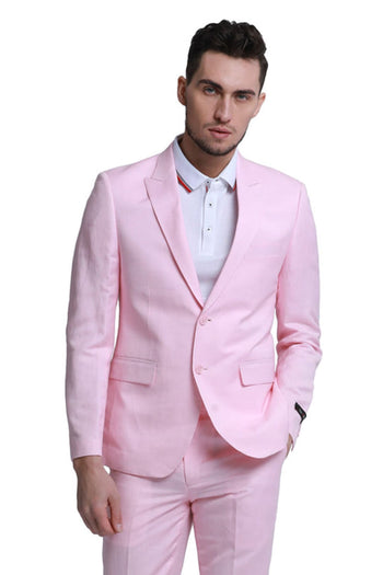 Groomsmen - Men’s Two Button Peak Lapel Summer Linen Style Beach Wedding Suit in Pink - Pink / 34 Short - Suit
