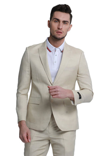 Groomsmen - Men’s Two Button Peak Lapel Summer Linen Style Beach Wedding Suit in Tan - Tan / 34 Short - Suit