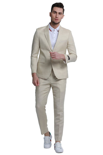 Groomsmen - Men’s Two Button Peak Lapel Summer Linen Style Beach Wedding Suit in Tan - Tan / 36 Short - Suit