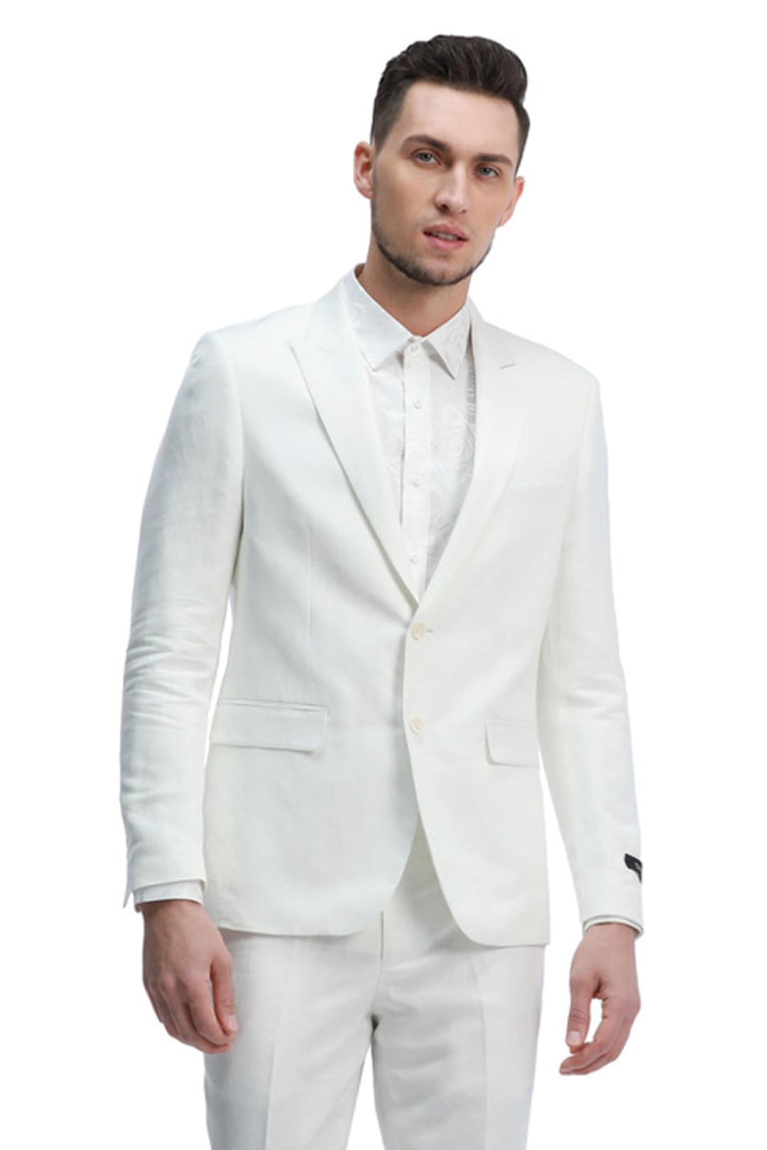 Groomsmen - Men’s Two Button Peak Lapel Summer Linen Style Beach Wedding Suit in White - White / 34 Short - Suit