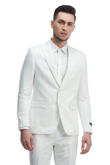 Groomsmen - Men’s Two Button Peak Lapel Summer Linen Style Beach Wedding Suit in White - White / 34 Short - Suit
