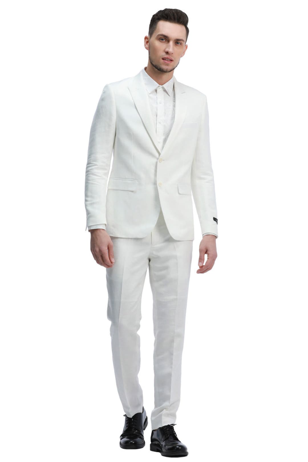 Groomsmen - Men’s Two Button Peak Lapel Summer Linen Style Beach Wedding Suit in White - White / 36 Short - Suit