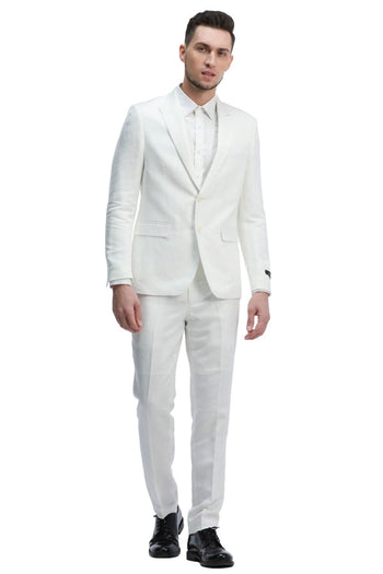 Groomsmen - Men’s Two Button Peak Lapel Summer Linen Style Beach Wedding Suit in White - White / 36 Short - Suit