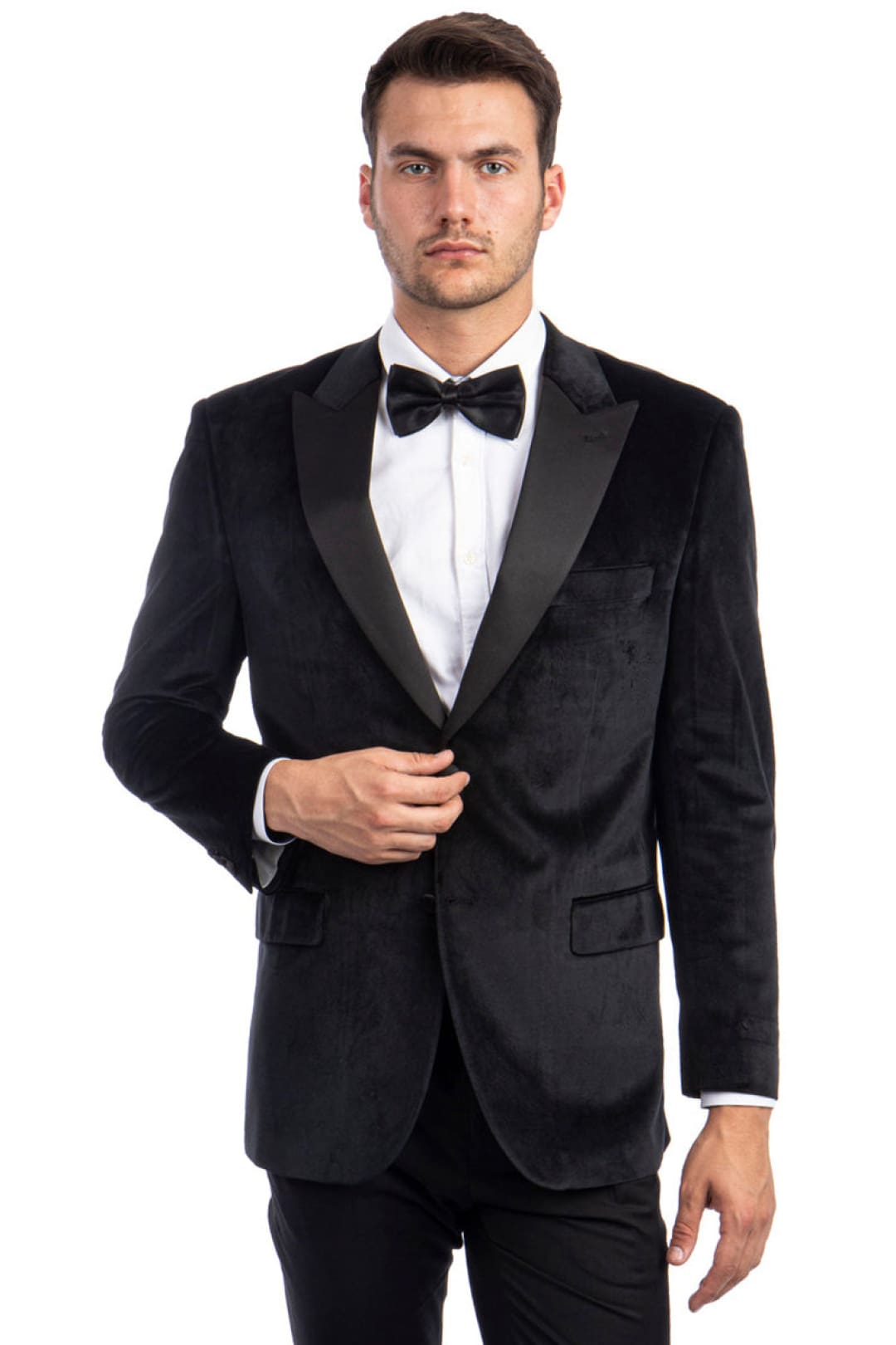 Groomsmen - Men’s Two Button Peak Lapel Velvet Wedding & Prom Tuxedo Jacket in Black - Black / 34 Short - Blazer
