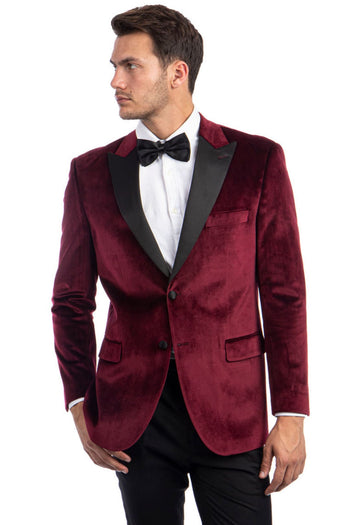 Groomsmen - Men’s Two Button Peak Lapel Velvet Wedding & Prom Tuxedo Jacket in Burgundy - Burgundy / 34 Short - Blazer
