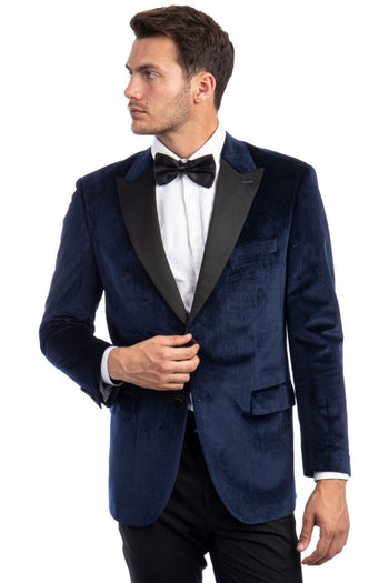 Groomsmen - Men’s Two Button Peak Lapel Velvet Wedding & Prom Tuxedo Jacket in Navy Blue - Navy / 34 Short - Blazer