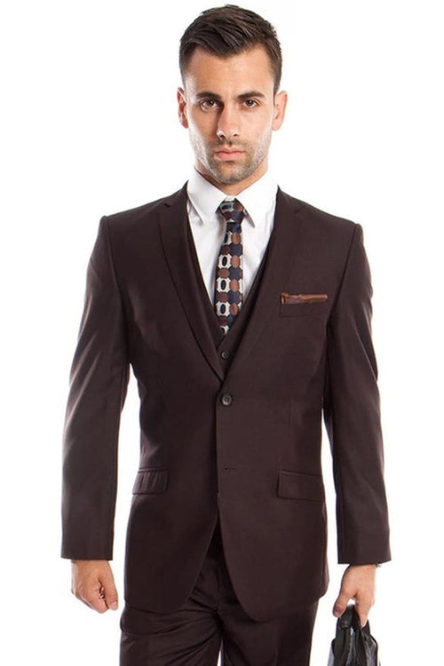 Groomsmen - Men’s Two Button Slim Fit Basic Vested Wedding Suit in Brown - Brown / 34 Short - Suit