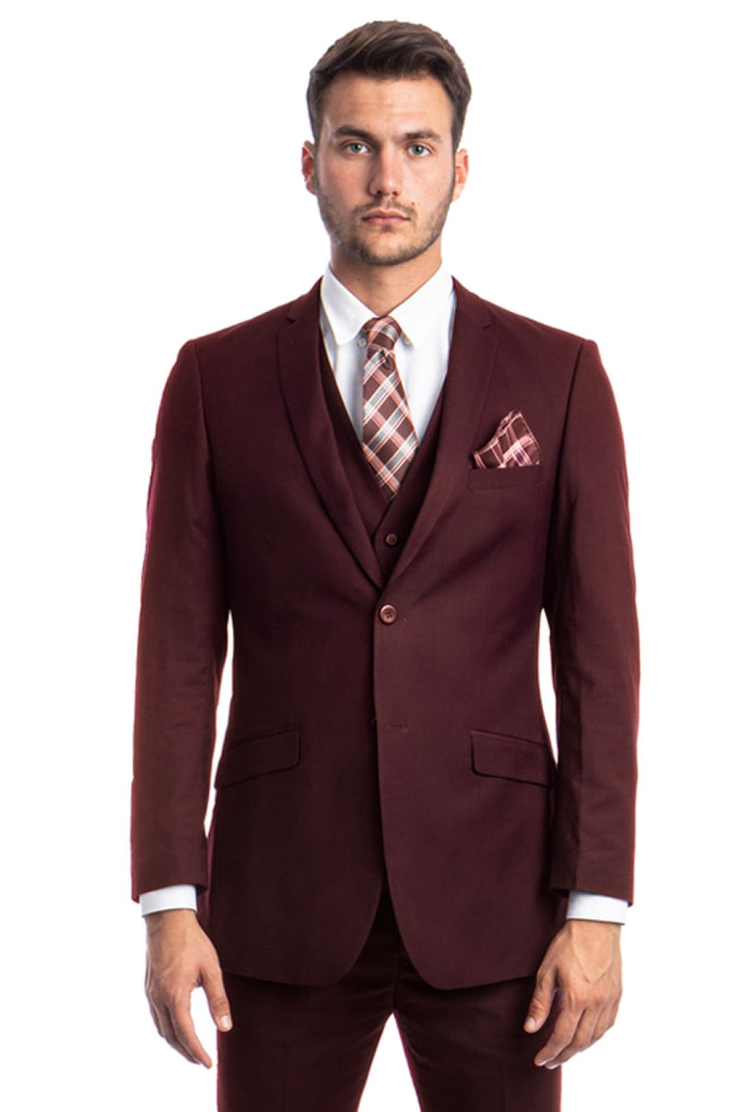 Groomsmen - Men’s Two Button Slim Fit Basic Vested Wedding Suit in Burgundy - Burgundy / 34 Short - Suit
