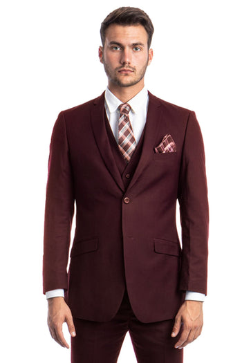 Groomsmen - Men’s Two Button Slim Fit Basic Vested Wedding Suit in Burgundy - Burgundy / 34 Short - Suit