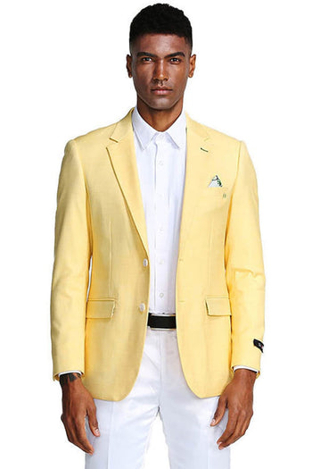 Groomsmen - Men’s Two Button Slim Fit Linen Style Summer Blazer in Lemon Yellow - Lemon / X-Small - Blazer