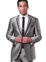 Groomsmen - Men's Two Button Slim Fit Wedding & Prom Tuxedo Suit in Shiny Silver Sharkskin with Black Piping