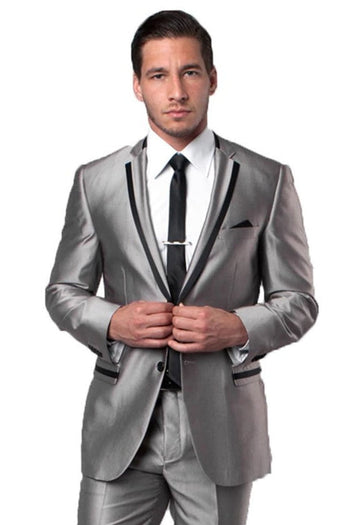 Groomsmen - Men’s Two Button Slim Fit Wedding & Prom Tuxedo Suit in Shiny Silver Sharkskin with Black Piping - Grey/Black / 34 Short - Suit