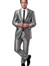 Groomsmen - Men's Two Button Slim Fit Wedding & Prom Tuxedo Suit in Shiny Silver Sharkskin with Black Piping