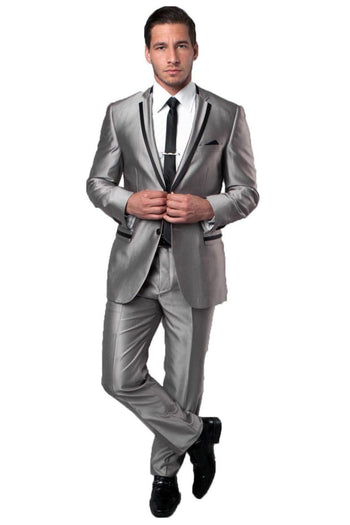Groomsmen - Men’s Two Button Slim Fit Wedding & Prom Tuxedo Suit in Shiny Silver Sharkskin with Black Piping - Grey/Black / 36 Short - Suit