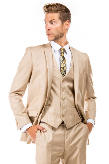 Groomsmen - Men’s Two Button Vested Business Sharkskin Suit in Dark Tan - Dark Tan / 34 Short - Suit