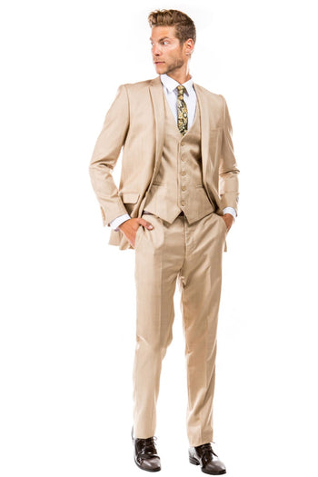 Groomsmen - Men’s Two Button Vested Business Sharkskin Suit in Dark Tan - Dark Tan / 36 Short - Suit
