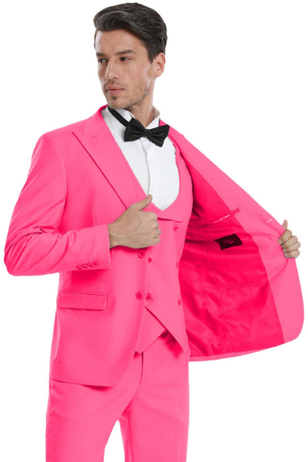 Groomsmen - Men’s Two Button Vested Peak Lapel Pastel Wedding & Prom Suit in Fuchsia Pink - Fuchsia / 34 Short - Suit