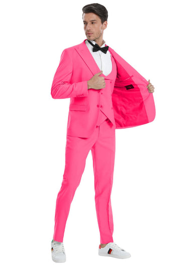 Groomsmen - Men’s Two Button Vested Peak Lapel Pastel Wedding & Prom Suit in Fuchsia Pink - Fuchsia / 36 Short - Suit
