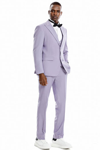 Groomsmen - Men’s Two Button Vested Peak Lapel Pastel Wedding & Prom Suit in Lavender - Lavender / 36 Short - Suit