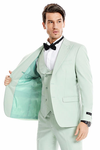 Groomsmen - Men’s Two Button Vested Peak Lapel Pastel Wedding & Prom Suit in Mint Green - Mint Green / 34 Short - Suit