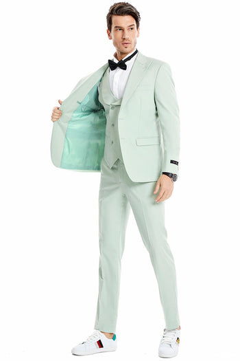Groomsmen - Men’s Two Button Vested Peak Lapel Pastel Wedding & Prom Suit in Mint Green - Mint Green / 36 Short - Suit