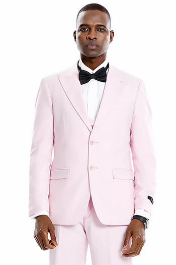 Groomsmen - Men’s Two Button Vested Peak Lapel Pastel Wedding & Prom Suit in Pink - Pink / 34 Short - Suit