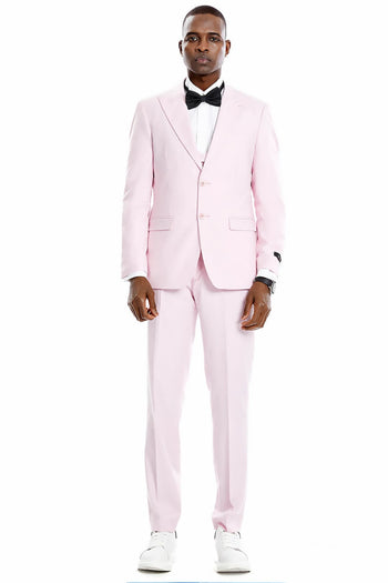 Groomsmen - Men’s Two Button Vested Peak Lapel Pastel Wedding & Prom Suit in Pink - Pink / 36 Short - Suit