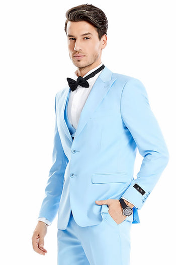 Groomsmen - Men’s Two Button Vested Peak Lapel Pastel Wedding & Prom Suit in Sky Blue - Sky Blue / 34 Short - Suit