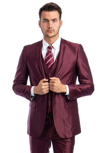Groomsmen - Men’s Two Button Vested Shiny Sharkskin Wedding & Prom Fashion Suit in Burgundy - Burgundy / 34 Short - Suit
