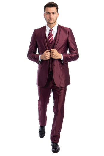 Groomsmen - Men’s Two Button Vested Shiny Sharkskin Wedding & Prom Fashion Suit in Burgundy - Burgundy / 36 Short - Suit