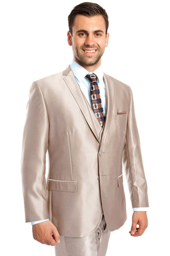 Groomsmen - Men’s Two Button Vested Shiny Sharkskin Wedding & Prom Fashion Suit in Champagne Light Tan - Champagne / 34 Short - Suit