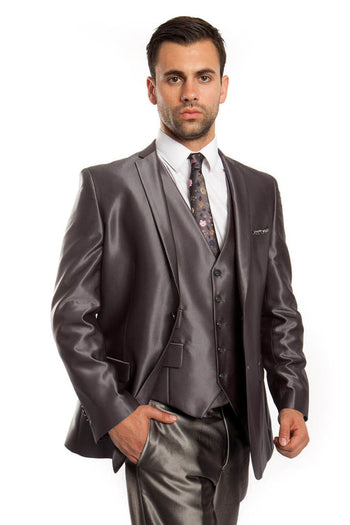Groomsmen - Men’s Two Button Vested Shiny Sharkskin Wedding & Prom Fashion Suit in Charcoal Grey - Dark Grey / 34 Short - Suit