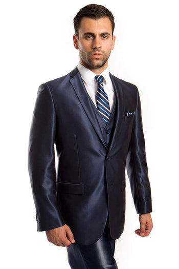 Groomsmen - Men’s Two Button Vested Shiny Sharkskin Wedding & Prom Fashion Suit in Navy Blue - Navy / 34 Short - Suit