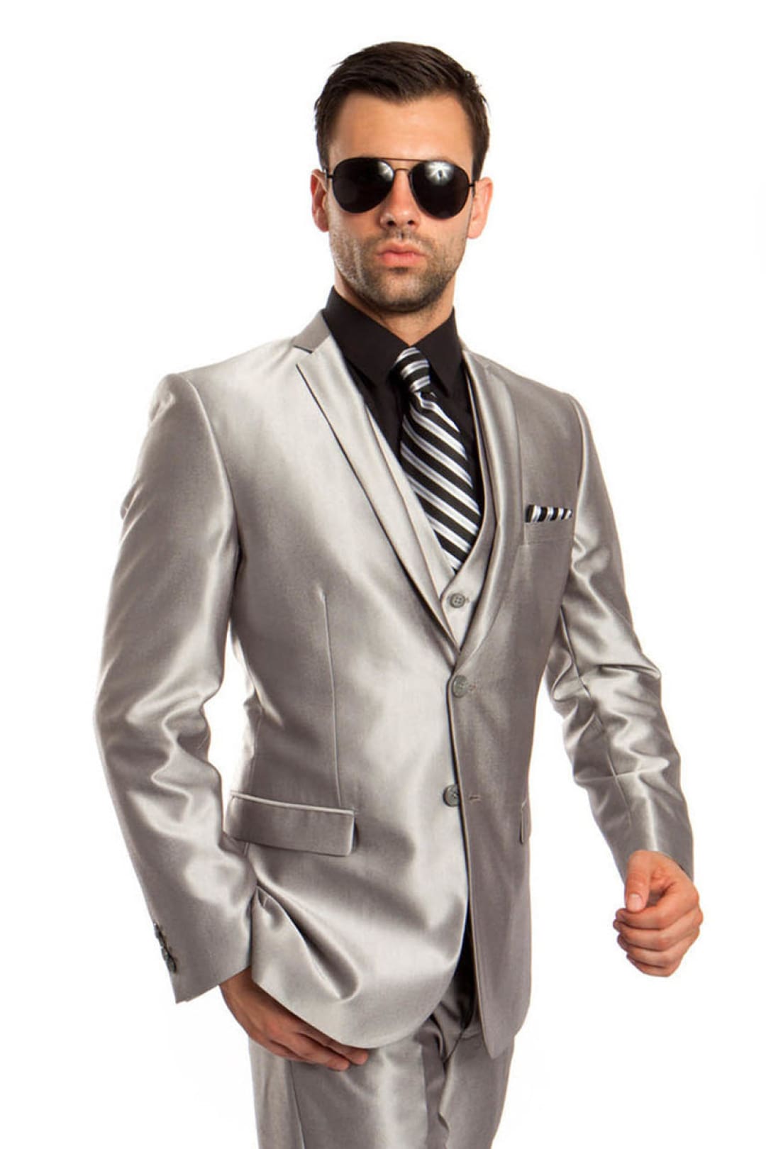 Groomsmen - Men’s Two Button Vested Shiny Sharkskin Wedding & Prom Fashion Suit in Silver Grey - Silver / 34 Short - Suit