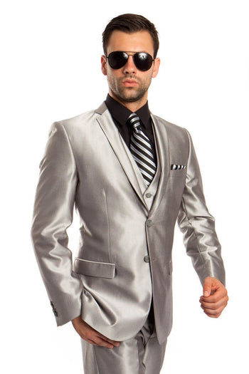 Groomsmen - Men’s Two Button Vested Shiny Sharkskin Wedding & Prom Fashion Suit in Silver Grey - Silver / 34 Short - Suit