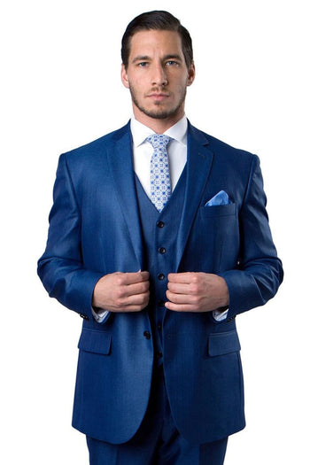 Groomsmen - Men’s Two Button Vested Textured Sharkskin Business Suit in Blue - Blue / 34 Short - Suit