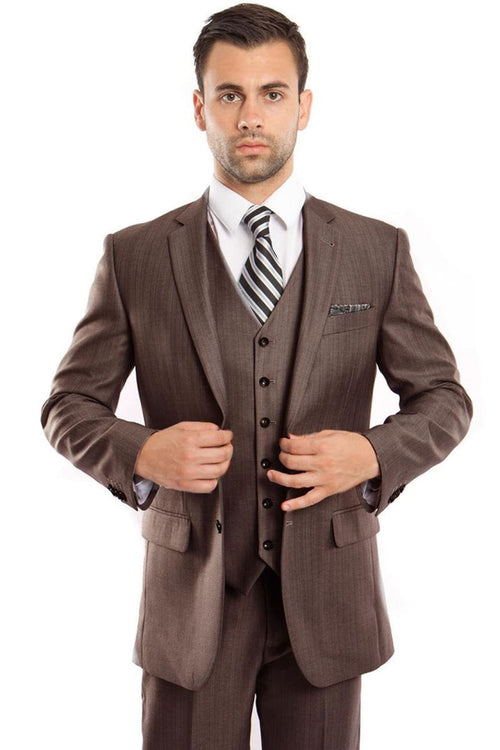 Groomsmen - Men’s Two Button Vested Textured Sharkskin Business Suit in Brown - Brown / 34 Short - Suit