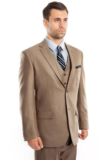 Groomsmen - Men’s Two Button Vested Textured Sharkskin Business Suit in Dark Tan - Dark Tan / 34 Short - Suit