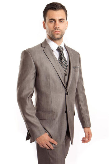 Groomsmen - Men’s Two Button Vested Textured Sharkskin Business Suit in Grey - Grey / 34 Short - Suit