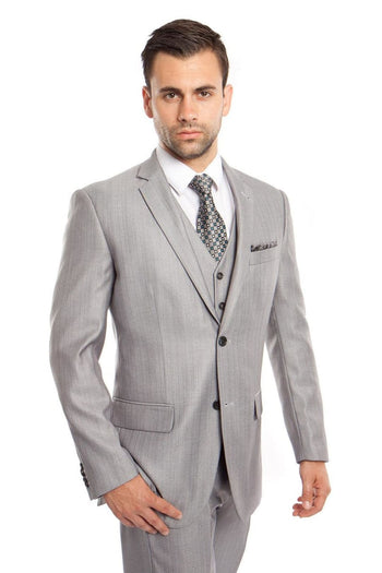 Groomsmen - Men’s Two Button Vested Textured Sharkskin Business Suit in Light Grey - Light Grey / 34 Short - Suit