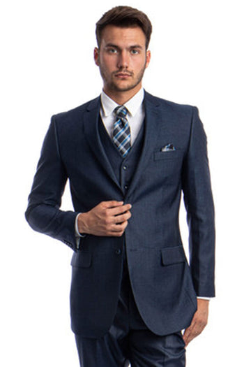 Groomsmen - Men’s Two Button Vested Textured Sharkskin Business Suit in Navy Blue - Navy Blue / 34 Short - Suit