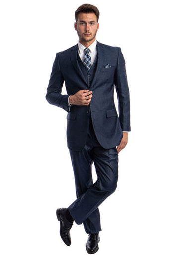 Groomsmen - Men’s Two Button Vested Textured Sharkskin Business Suit in Navy Blue - Navy Blue / 36 Short - Suit