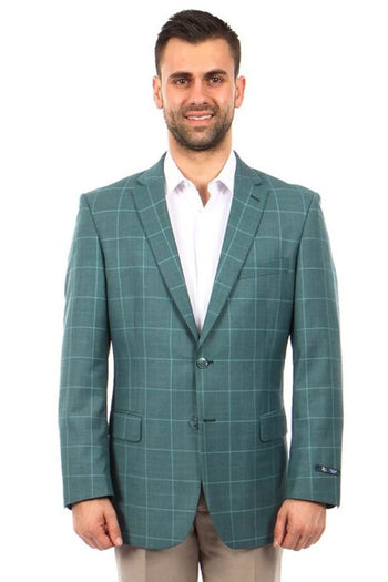Groomsmen - Men’s Two Button Windowpane Plaid Sport Coat in Summer Green - Green / 34 Short - Blazer