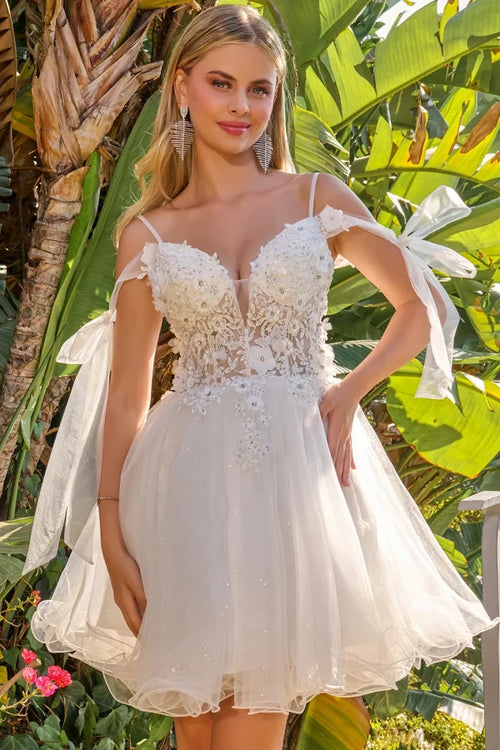 Vestido corto con hombros descubiertos y lazo de Elizabeth K GS3513