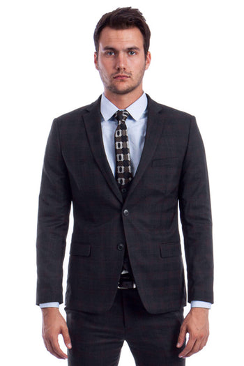 Traje ajustado de dos botones con chaleco de corte bajo para hombre en cuadros negros